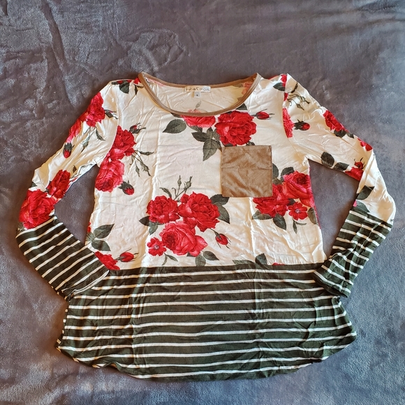 Moa Moa Tops - Floral and Striped Long Sleeve Shirt